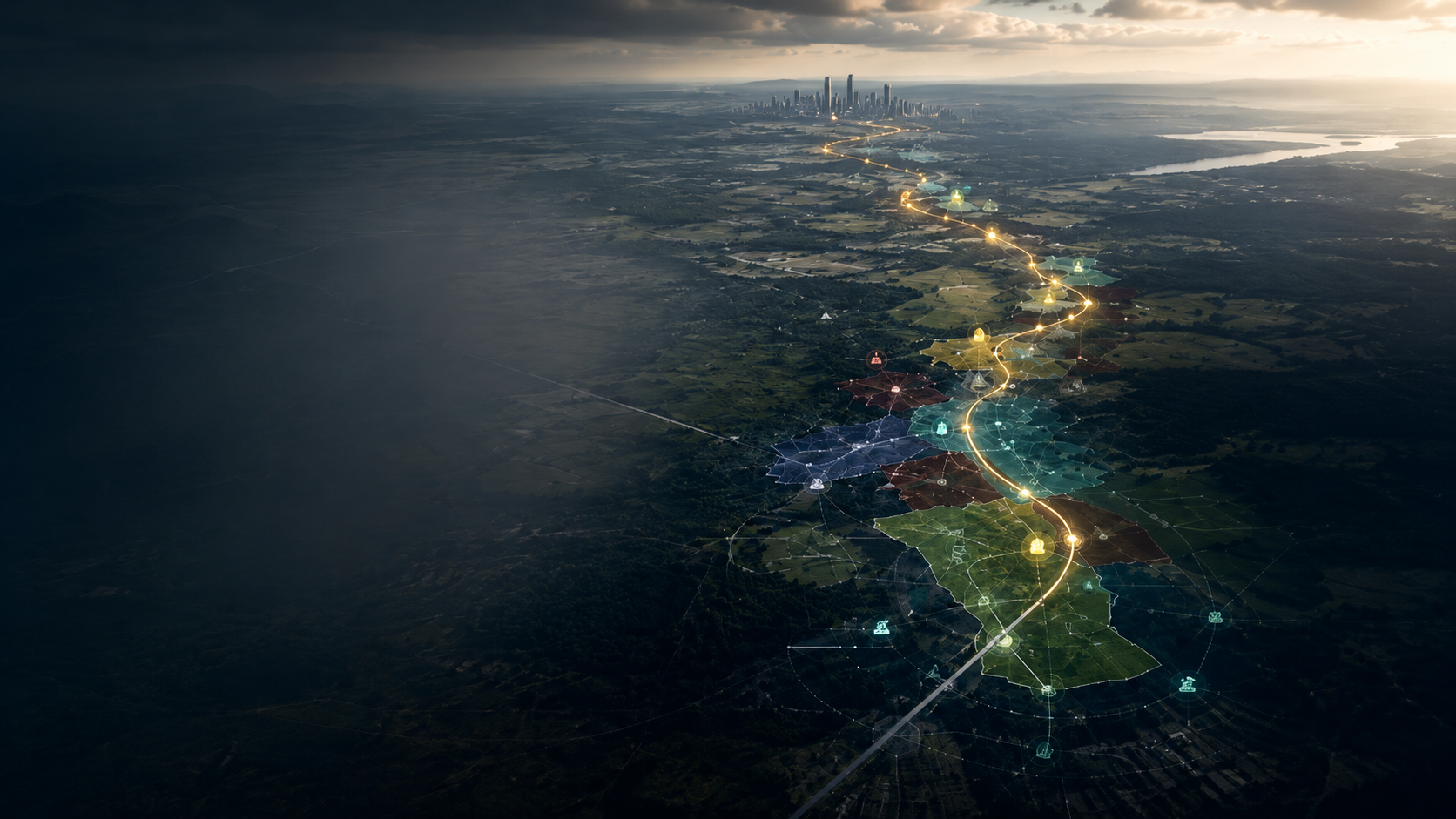 Aerial land intelligence map at dusk